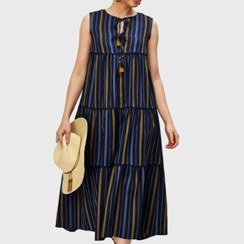 eShakti Wayward Fancies Stripe Cotton Twill Tiered Dress Sz XS (2)